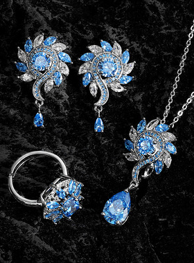 蓝色水滴吊坠项链耳环戒子三件套