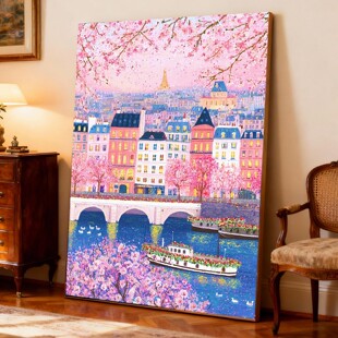 2026新款diy树脂方钻满钻钻石画钻石绣城市河边樱花盛开春天风景