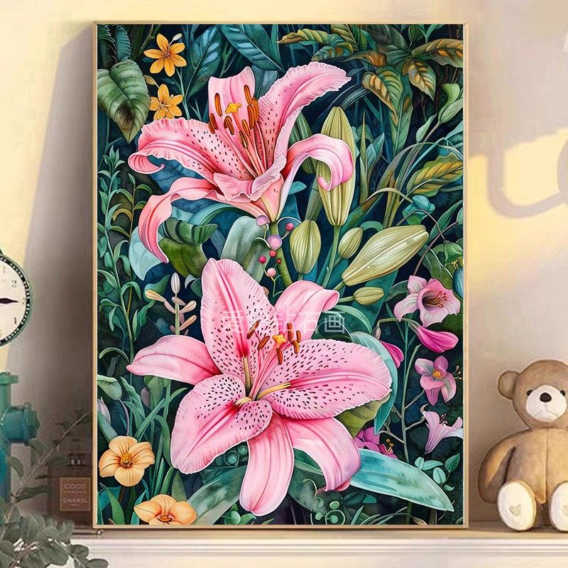 新款DIY手工粘贴点钻方钻满钻钻石画钻石绣带钻粉色百合花花卉三