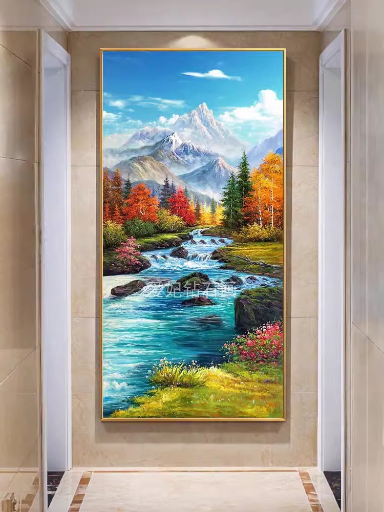 玄关DIY方钻满钻钻石画雪山脚下秋天树林小河风景贴钻印花十字绣