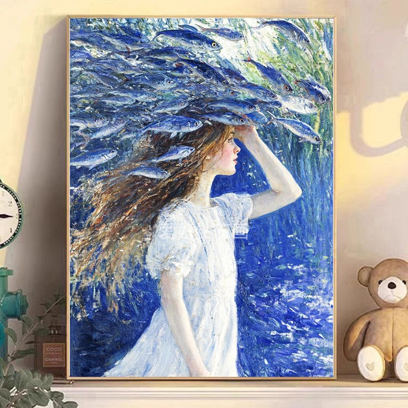 新款手工粘贴钻DIY方钻满钻钻石画钻石绣大海沙丁鱼鱼群白裙少女
