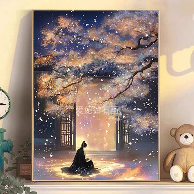 2025新款DIY方钻满贴钻钻石画钻石绣古风院里樱花树下的黑衣帅哥
