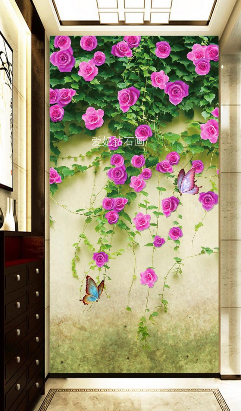 走廊方钻满钻钻石画唯美立体花朵蝴蝶玄关背景墙diy全贴钻十字绣