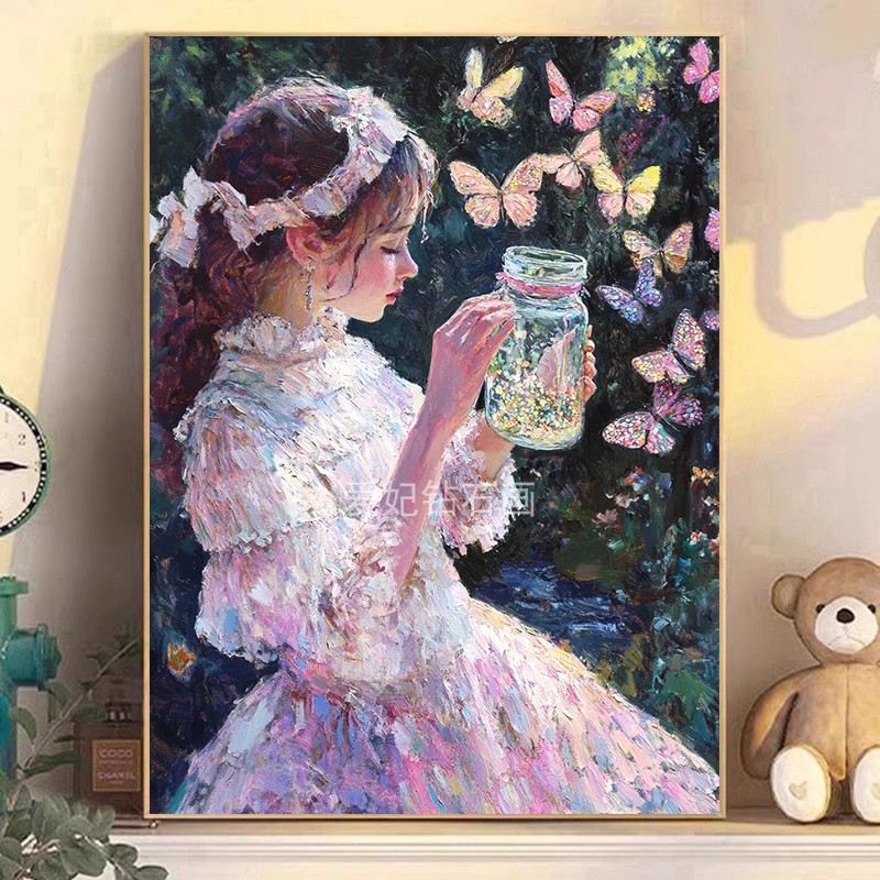 新品DIY方钻满钻钻石画白裙少女许愿瓶翩翩飞舞蝴蝶镶贴钻钻石绣
