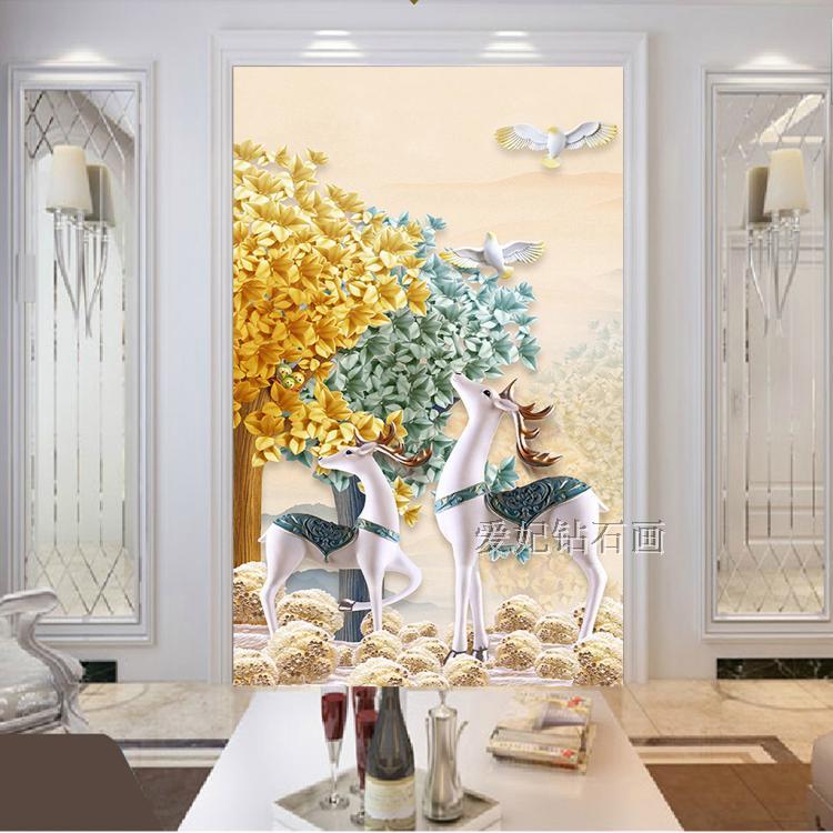浮雕立体钻石画满钻麋鹿发财鹿发财树贴钻砖石十字绣带钻玄关竖版