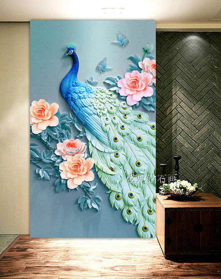 古典欧式方钻满钻钻石画贴钻十字绣浮雕立体蓝孔雀牡丹花玄关竖版