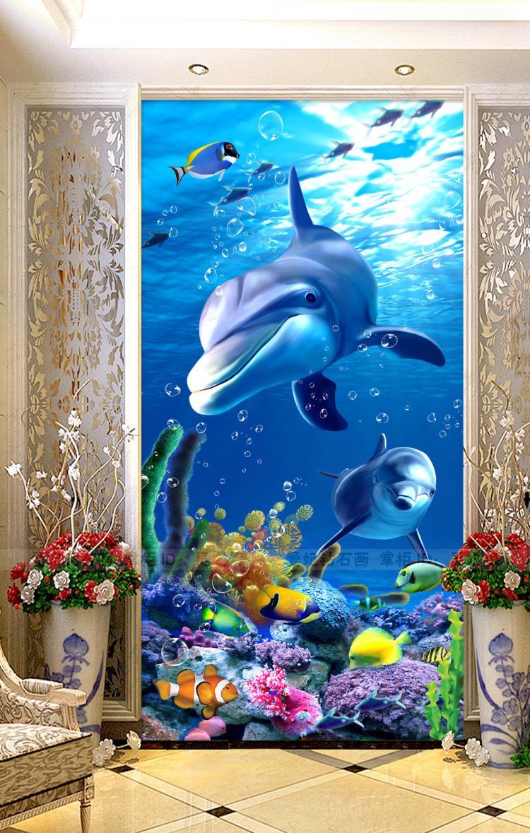 走廊方钻满钻钻石画点贴钻十字绣蓝色海底世界海豚母子3D立体玄关