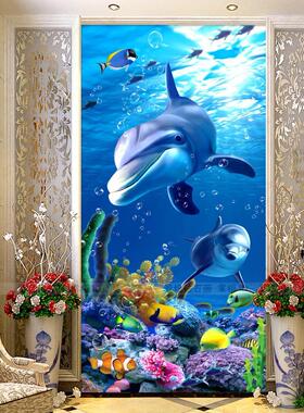 走廊方钻满钻钻石画点贴钻十字绣蓝色海底世界海豚母子3D立体玄关