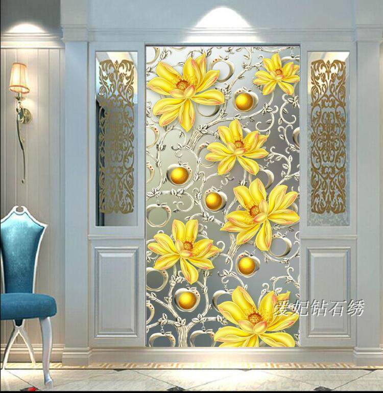 新款过道欧式方钻满贴钻石画沾钻十字绣带钻金苹果荷花玄关竖