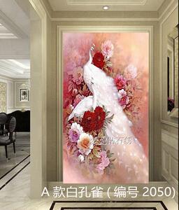 欧式现代过道走廊玄关全贴满钻点钻十字绣钻石画砖石秀白孔雀竖版
