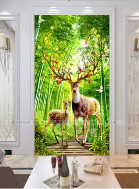 走廊方钻满钻钻石画贴钻十字绣小清新绿色竹林麋鹿母子油画玄关竖