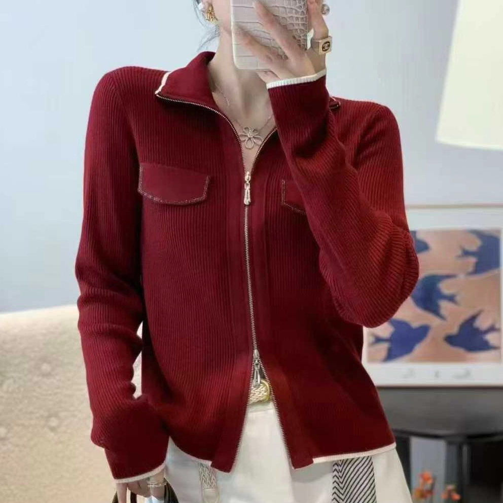 女士时尚百搭立领拉链开衫羊毛衫