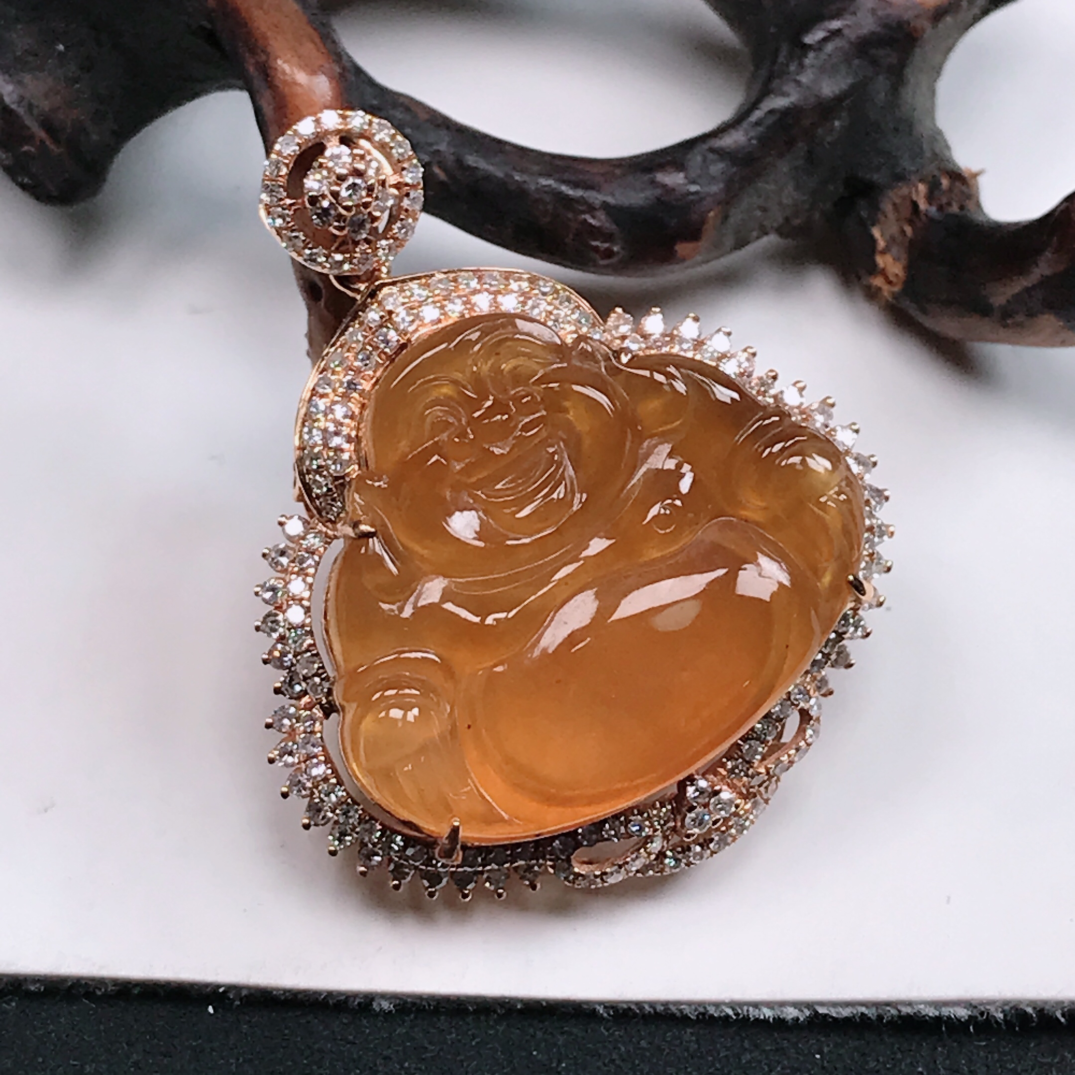 天然翡翠A货18k金冰种起荧光黄翡佛公挂件