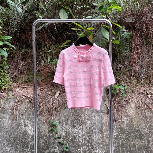 夏季新款法式粉色甜美手工钉珠立体蝴蝶结套头针织短袖T恤女上衣