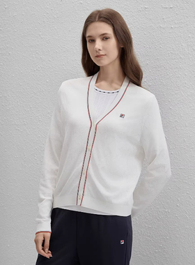 斐乐FILA女时尚休闲简约基础柔软V领编织长袖开衫外套F11W431405F
