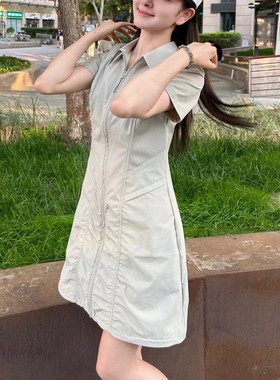 FILA/斐乐女士连衣裙夏季新款工装风翻领拉链中长裙T11W521304F