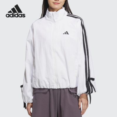 adidas阿迪达斯女子立领蝴蝶结休闲三条纹运动长裤梭织外套JY5651