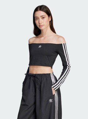 阿迪达斯三叶草女夏新款一字肩时尚修身短款长袖T恤JD0274JD0275