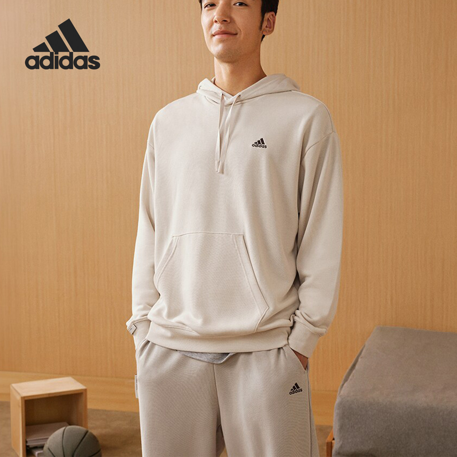 adidas加厚毛圈运动休闲长袖连帽卫衣套头衫情侣款IZ1457