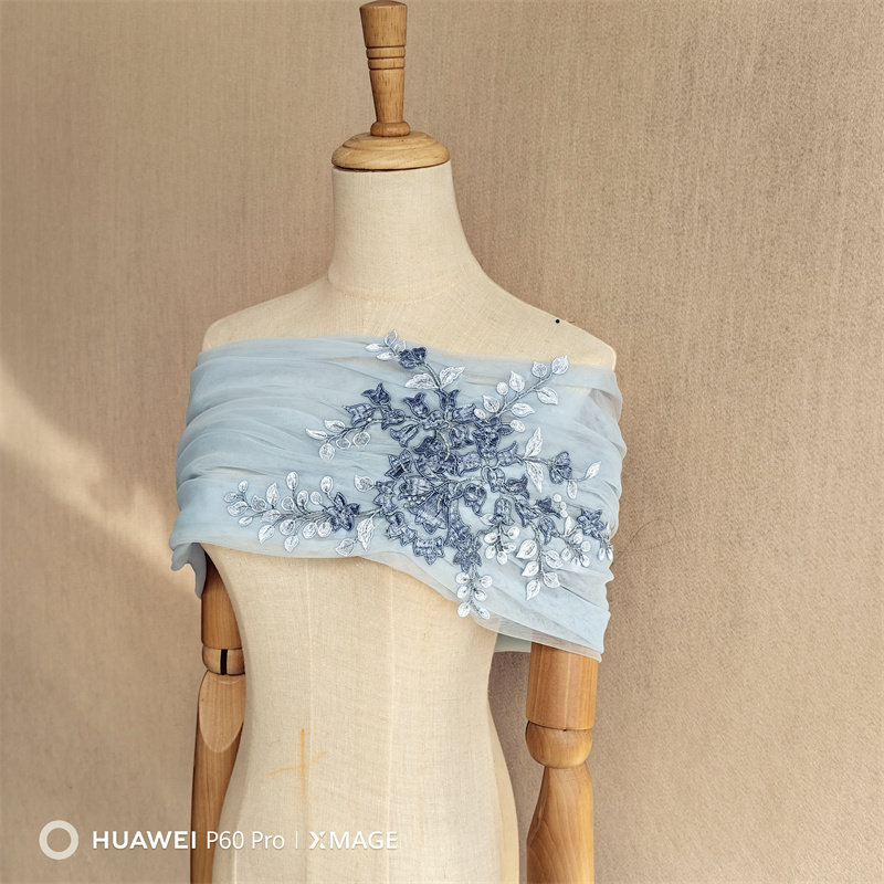 新款一字领蓝色小披肩蕾丝花朵礼服抹胸小裙子配饰气质遮肩纱