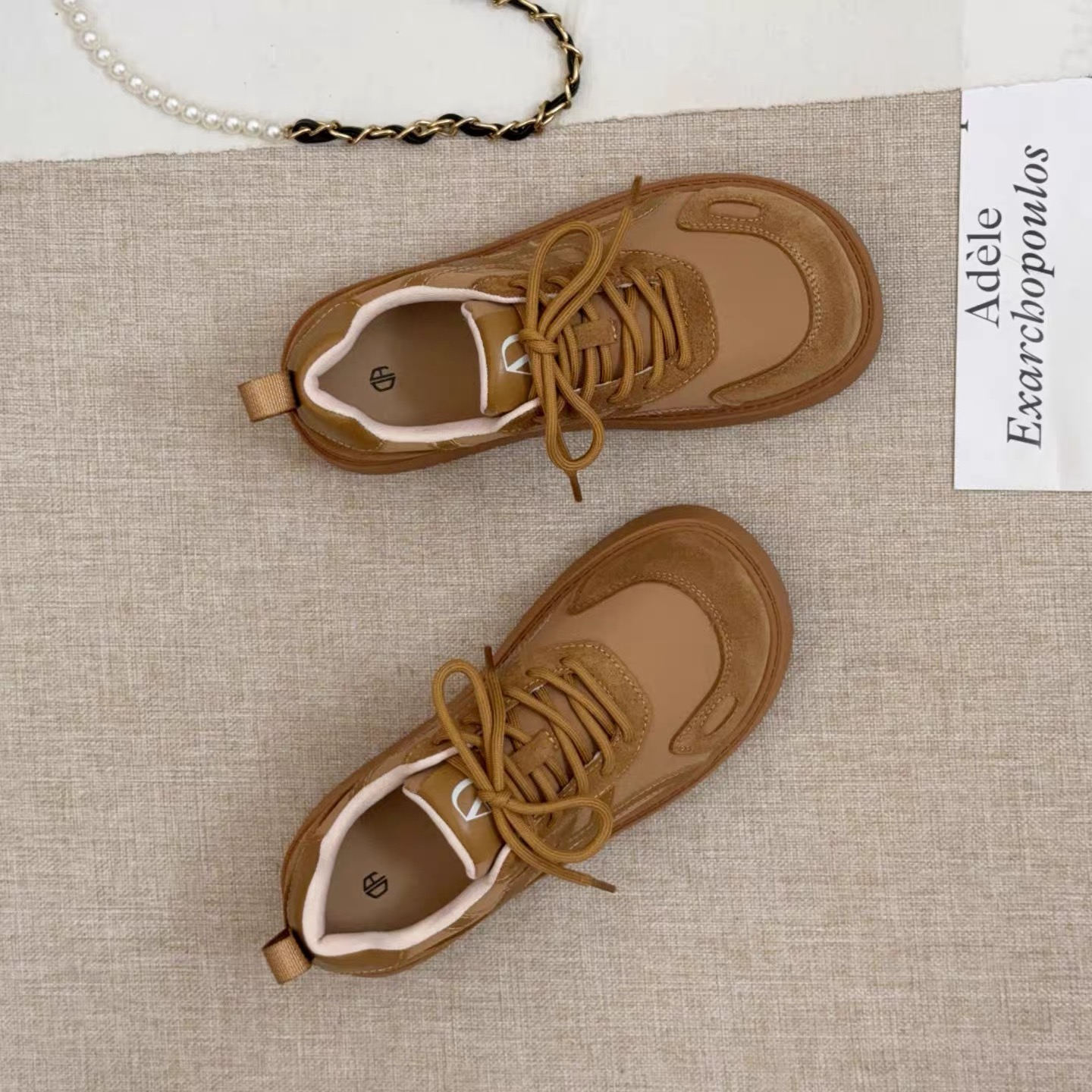 2025秋季新款复古牛皮厚底德训鞋女百搭松糕系带板鞋运动鞋子R135