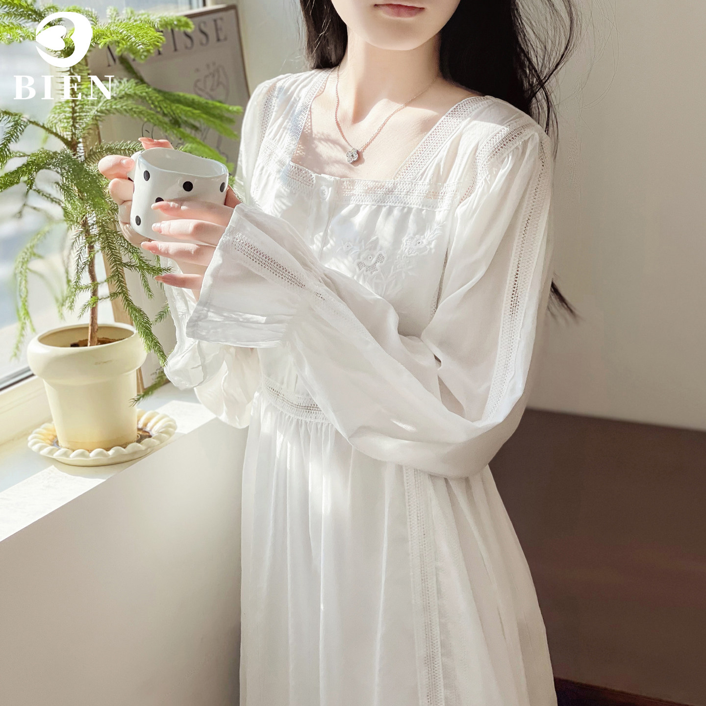 BIEN法式宫廷仙女睡裙春秋季白色公主风新款纯棉复古家居服可外穿