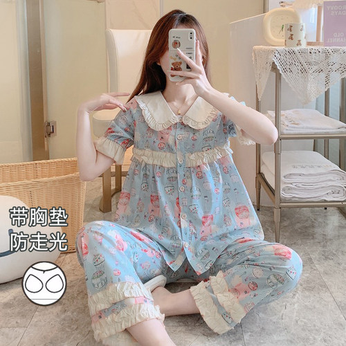 女梭织棉花边拼接睡衣套装带胸垫