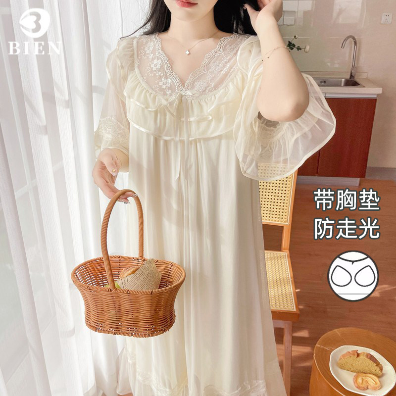 BIEN带胸垫睡裙女春夏宫廷风蕾丝短袖薄款夏天公主仙女莫代尔大码