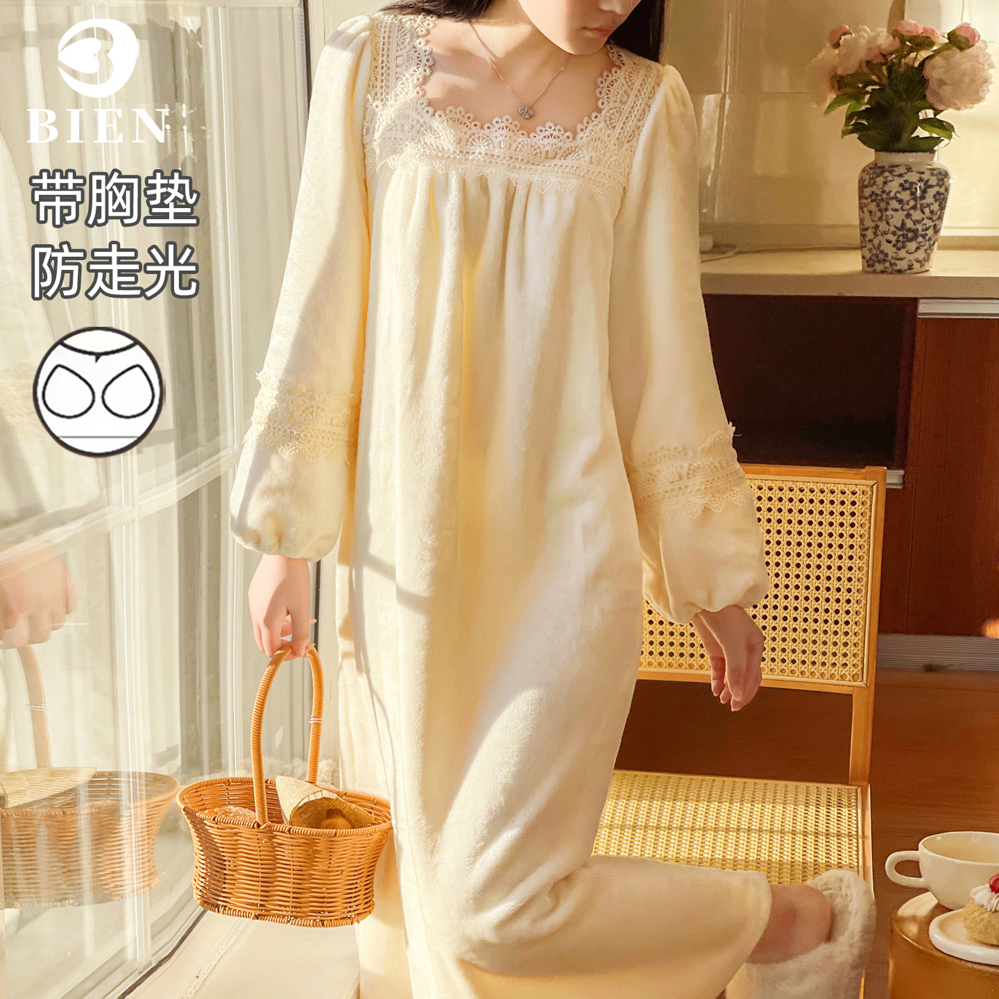 BIEN法兰绒睡裙女冬季甜美公主法式宫廷风加绒加厚可外穿睡袍冬天