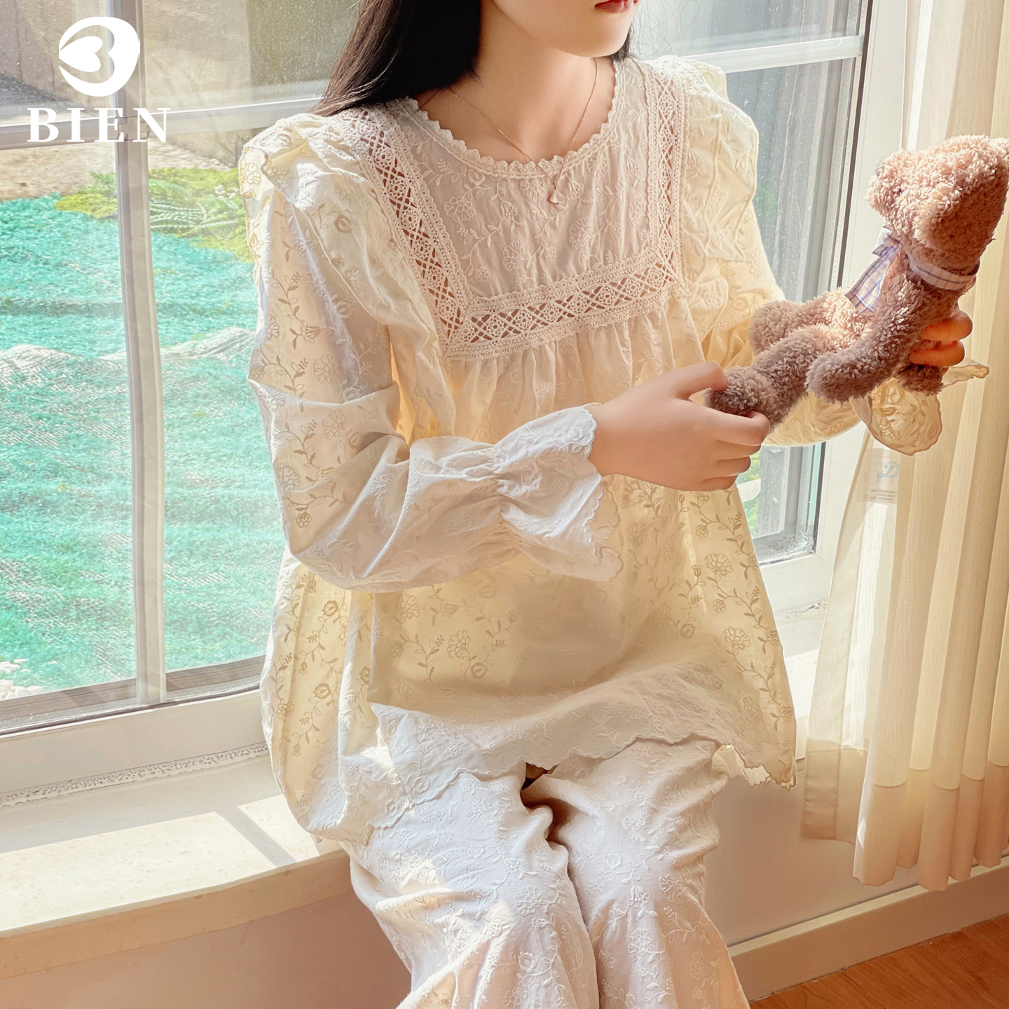 BIEN刺绣重工纯棉睡衣女春秋季新款甜美可爱公主家居服可外穿韩版