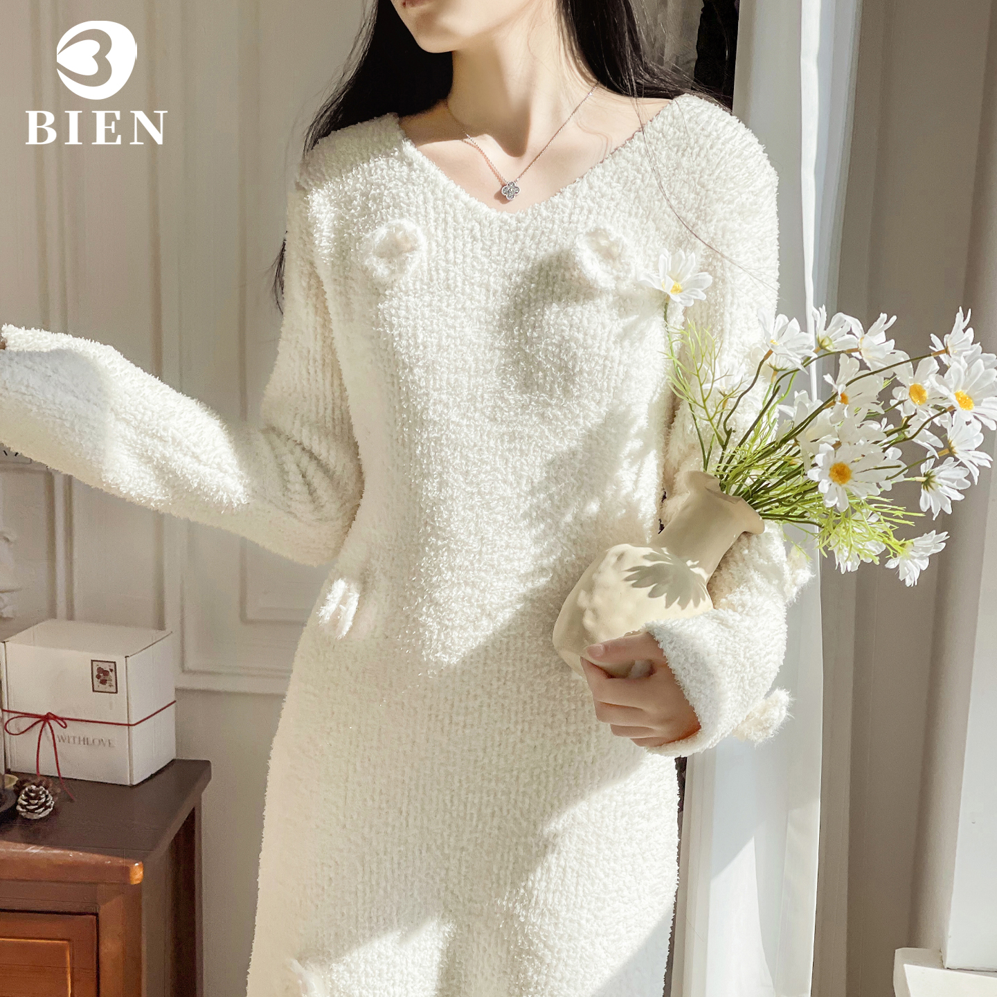 BIEN半边绒睡裙女冬季甜美公主宫廷睡衣可外穿家居服加绒加厚冬天