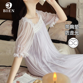 BIEN带胸垫睡裙女春秋季 甜美可爱公主风家居服短袖 裙网纱莫代尔棉