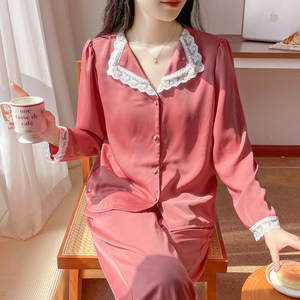 BIEN带胸垫睡衣女士春秋季甜美简约长袖长裤套装冰丝家居服可外穿
