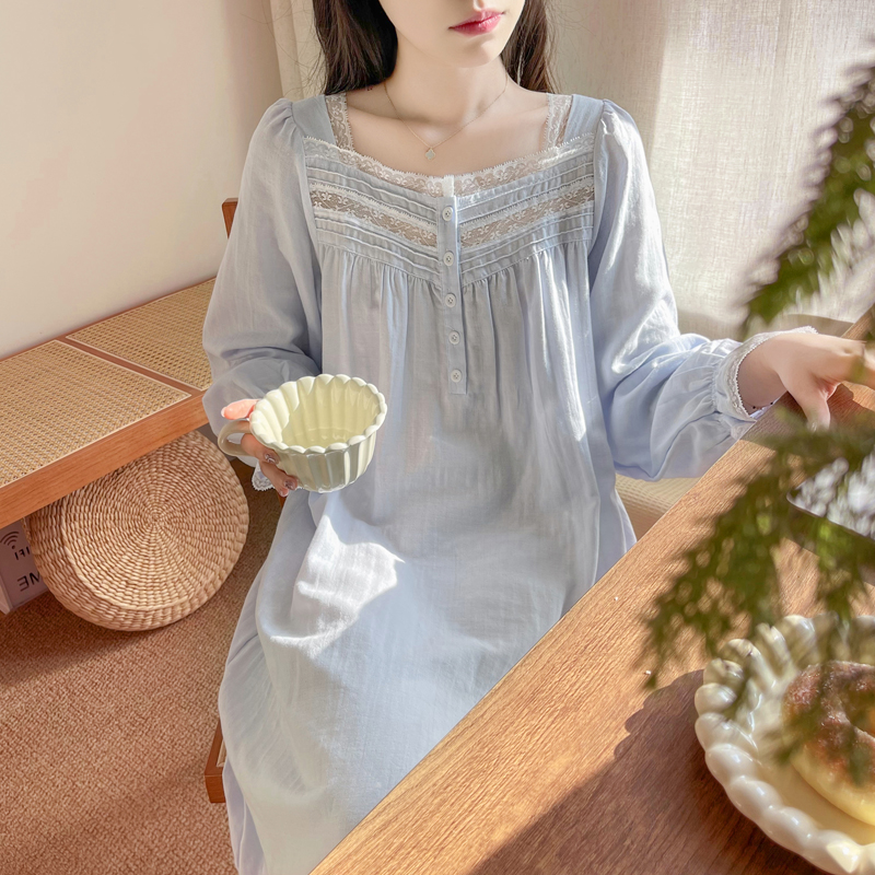 纯棉春秋宫廷花边拼接睡裙