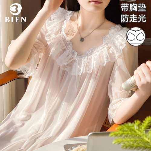 BIEN带胸垫网纱睡裙女夏季甜美可爱公主家居服法式宫廷莫代尔睡衣