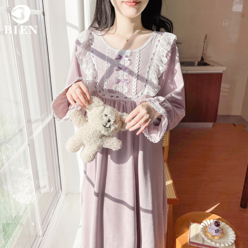 BIEN海岛绒睡裙女秋冬季甜美可爱公主风家居服可外穿长裙宫廷薄绒