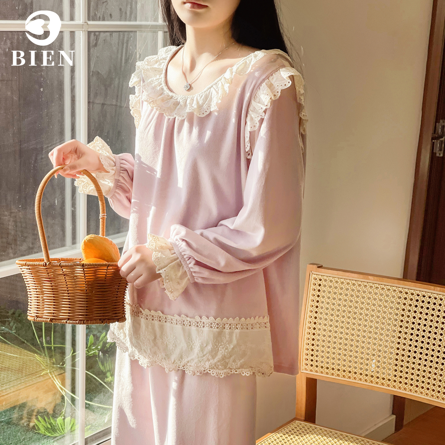 BIEN海岛绒睡衣女生秋冬季甜美可爱公主宫廷风家居服外穿薄绒冬天