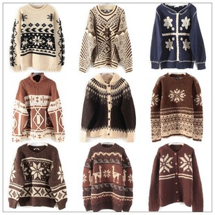 vintage日本制中古着孤品尖货文艺雪柄北欧费尔岛复古羊毛衣厚21