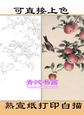 N278田世光秋实图苹果山雀花鸟工笔画熟宣纸白描底稿直接上色条幅