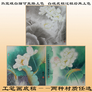 H52荷花现代工笔画白描底稿初学过稿熟宣纸线描画稿直接上色斗方