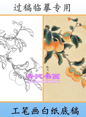 如意柿子花鸟工笔画白描底稿画稿