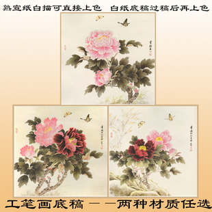 M18刘贵德牡丹工笔画白纸底稿初学者过稿熟宣纸白描直接上色斗方