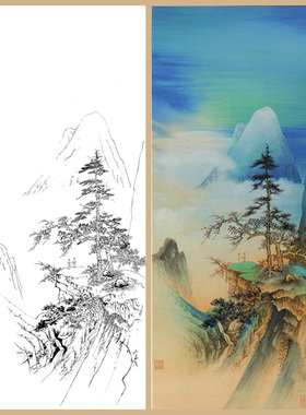 白描底稿工笔青绿直接上色熟宣纸