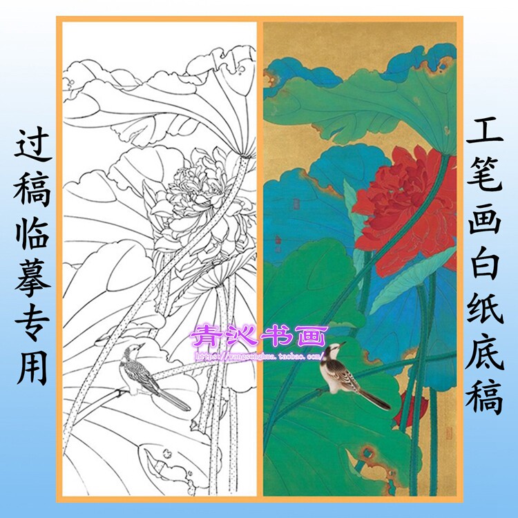 h160任重荷花工笔画白描底稿实物打印线描国画稿条幅
