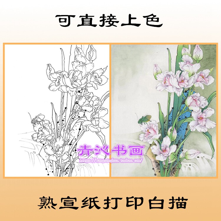 n214兰花蛐蛐花鸟工笔画熟宣纸白描底稿印刷品可直接上色条幅