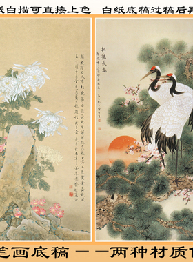 工笔画白描底稿荷花直接上色