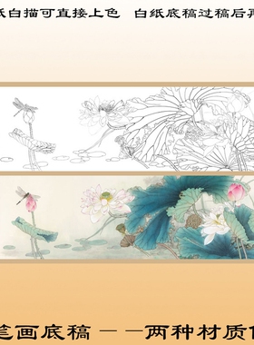 直接上色工笔画白描底稿荷塘清趣