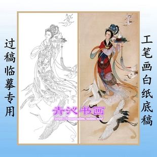 V19杨淑涛仕女神仙类工笔画白描底稿实物线描麻姑献寿图条幅