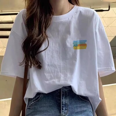 白色短袖正肩t恤女纯棉2025夏季新款圆领宽松显瘦基础款体恤上衣