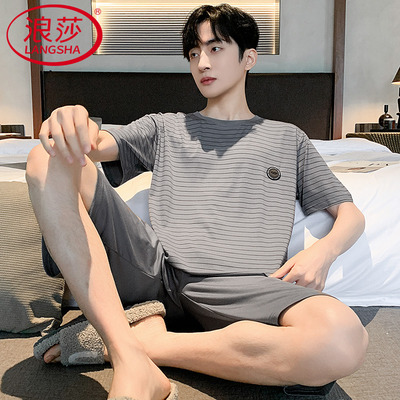 夏季男士短袖棉绸睡衣家居服套装